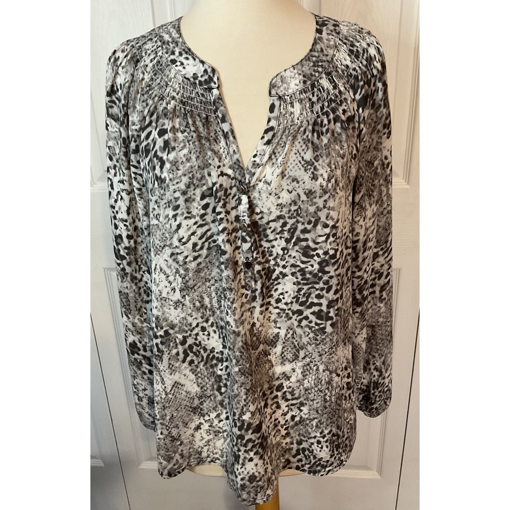 Investments Black Gray Animal Print Long Sleeve Blouse Top